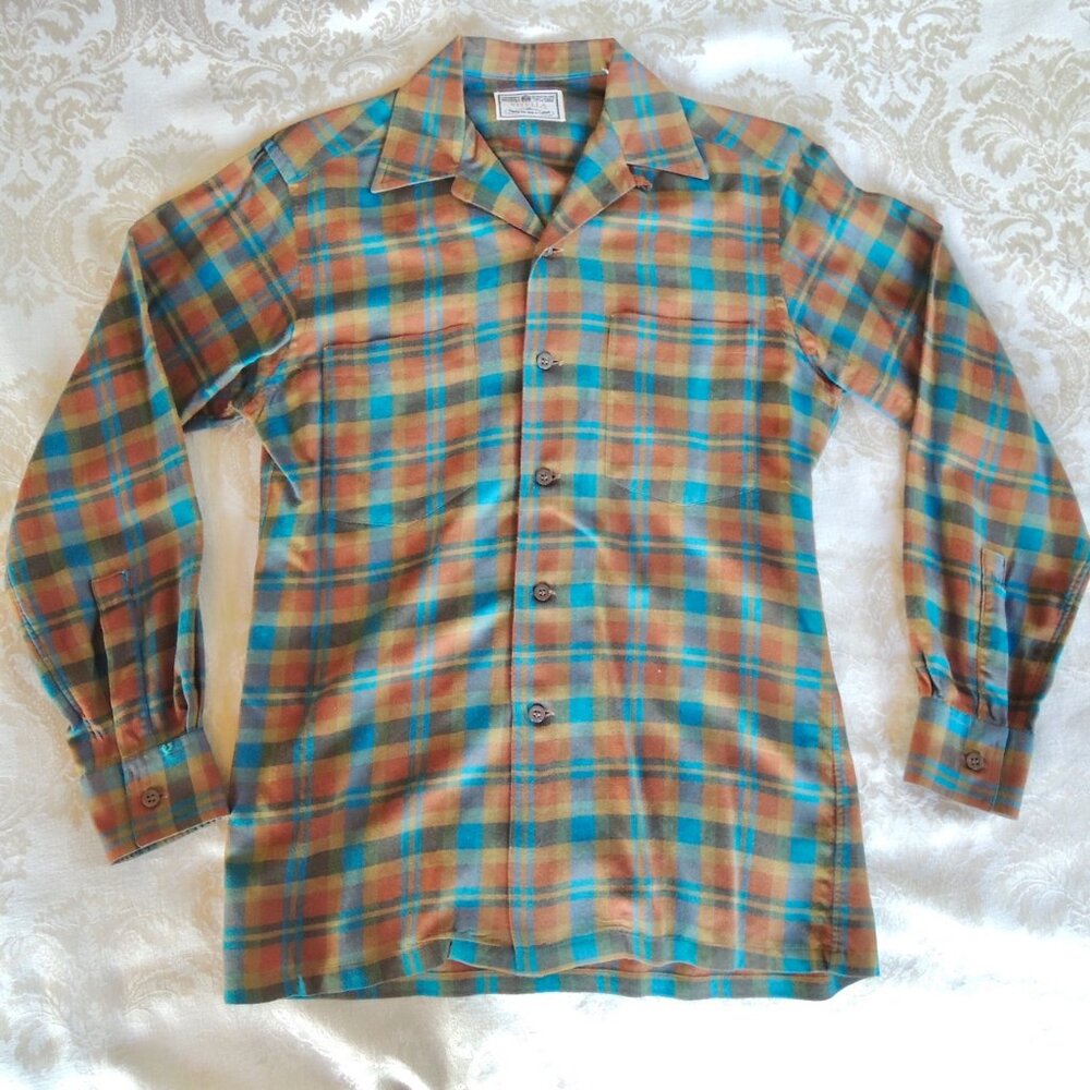 Vintage Viyella Brown Plaid UK Made Heritage Wool Cotton Shirt S (14-14.5)